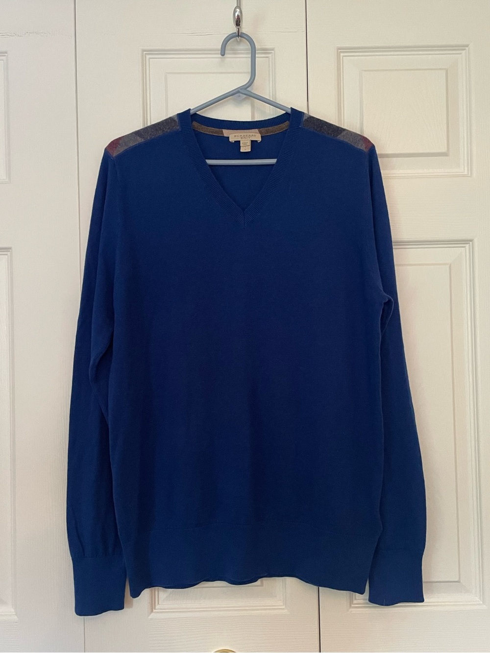 Burberry Brit Royal Blue Cashmere Cotton V-Neck Sweater with Nova Check Large